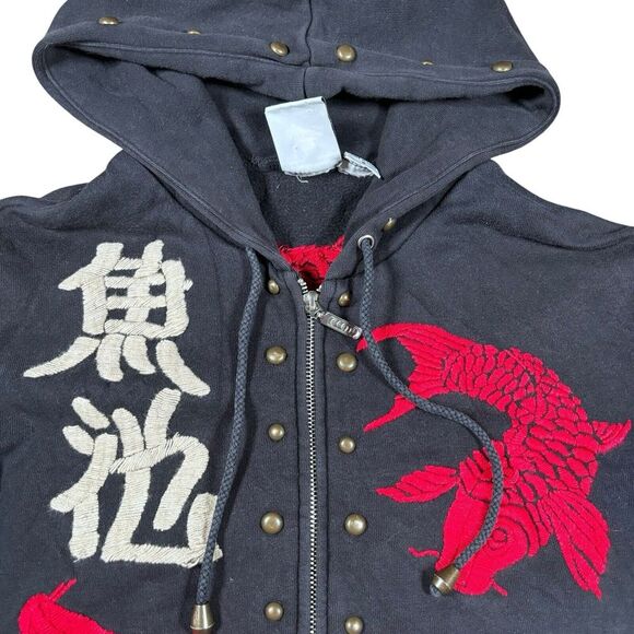 Mens Zip Up Hoodie Japanese Embroidered Streetwear Punk Sweatshirt Goldfish Sz S - Picture 3 of 13
